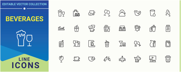 Fototapeta premium Beverages icon pack. Featuring beverage, drink, alcohol, restaurant, glass, tea and more. Drinks icon set. Outline icons in linear style. Editable vector. Pixel perfect.
