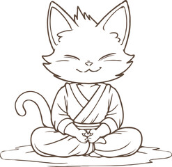 Cute Cat Meditating Wearing A Kimono In Lotus Position Outline