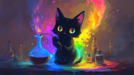 Cute black cat in a vibrant colorful chemistry lab setting