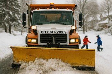 View from the front of a city services snow plow truck equipped with a yellow blade clearing roads following a winter storm while children play in the background