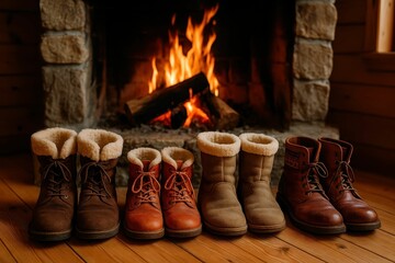 Boots are lined up in front of the fireplace to dry, evoking a sense of family and vintage folk charm in a cozy chalet setting