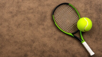 Green Tennis Racket and Yellow Ball on Brown Clay Court