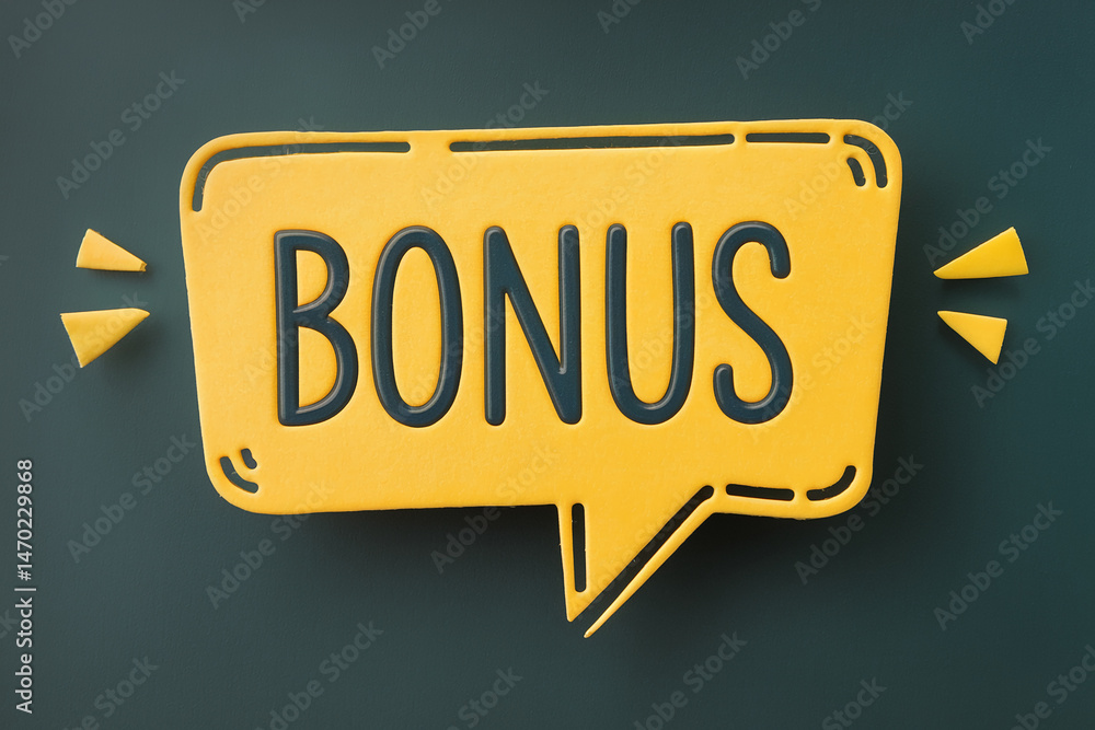 Fototapete yellow speech bubble with dark text bonus on dark-green background small yellow shapes surround bubb