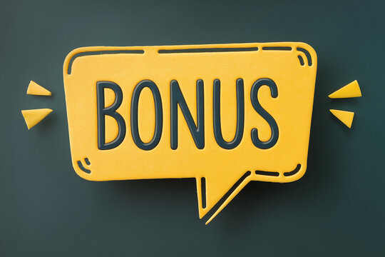 Yellow speech bubble with dark text BONUS on dark-green background Small yellow shapes surround bubble, creating playful design Free space for text or logo - Powered by Adobe