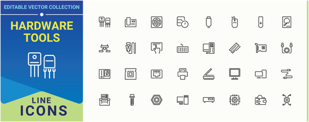Hardware Tools icon set. Containing hard, gadget, device, electronic, phone, parts and more. Hardware icon set. Modern vector illustration. Pixel perfect. Editable vector.