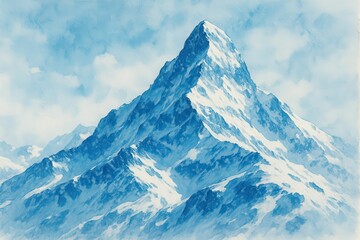 A watercolor depiction of a snow-covered mountain peak in various shades of blue set against a white backdrop