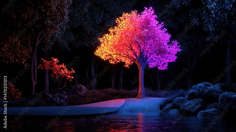 Poster a colorful tree illuminated in a tranquil garden forest scene