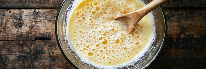 Batter Being Mixed in Glass Bowl with Wooden Spoon on Rustic Kitchen Table Setting