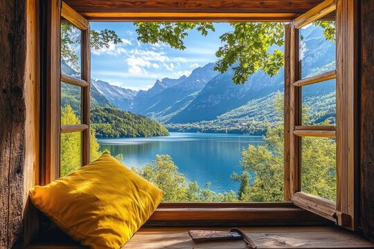 Fototapeta Scenic mountain lake view from a wooden window