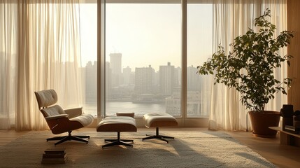 Modern urban living room with panoramic city views