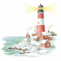 Red And White Lighthouse In Snowy Coastal Village