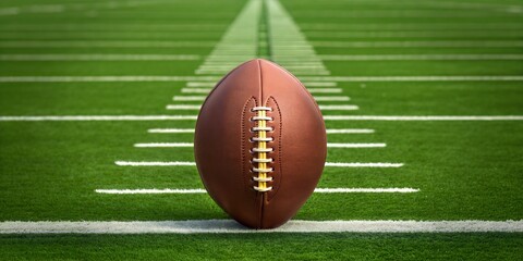 Close-up view of an American football on the yard line in the middle of the field.Close-up view of an American football on the yard line in the middle of the field.