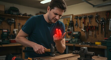Carpenter Examining Injured Hand with Red Highlight