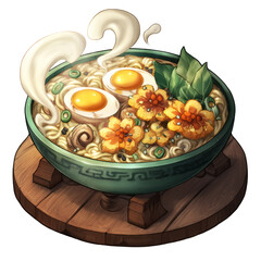 Delicious ramen bowl with eggs and flowers transparent background digital art cozy kitchen environment
