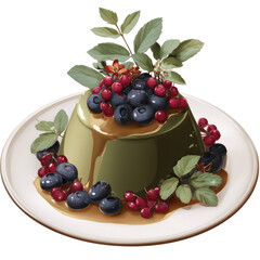 Delicious green jelly dessert with berries on a plate food photography studio transparent background