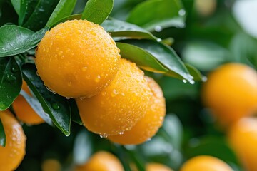 Enjoy the vibrant sight of ripe mandarin oranges growing among lush green leaves in a thriving garden setting during harvest season