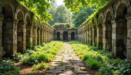 Ancient colonnade surrounded by lush jungle vegetation, nature's beauty