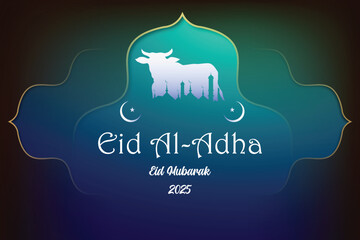 Eid Al-Adha celebration greeting background with mosque and crescent