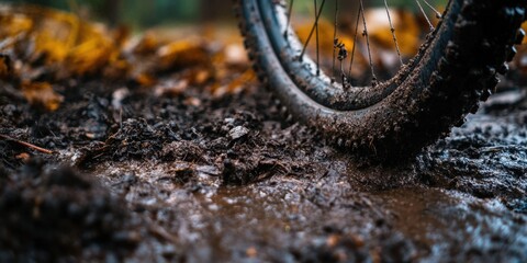 Mountain bike tire splashing through muddy trail in forest during intense off-road adventure
