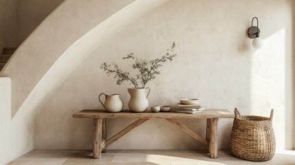 Wooden cabinet by venetian stucco wall with arched doorway in Mediterranean-style modern entrance hall with staircase
