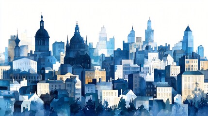 Obraz premium Urban city skyline in, softly blended buildings with faded edges, sky and foreground lightly washed to leave space, abstract and calm tones