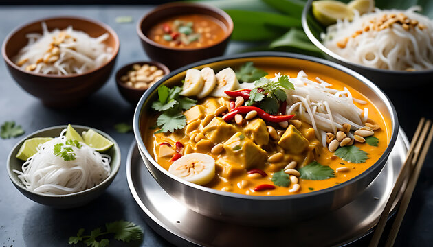 Coconut Noodle Delight: Creamy Broth, Fish Flakes, Herbaceous Thai Flavor- Khanom Jeen Nam Ya Kati 