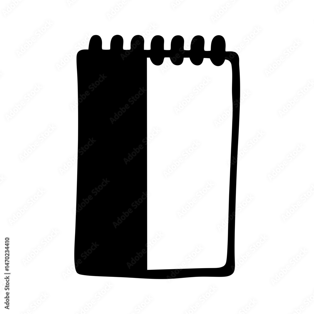 Poster stylized black and white notepad sketch with spiral binding and open pages