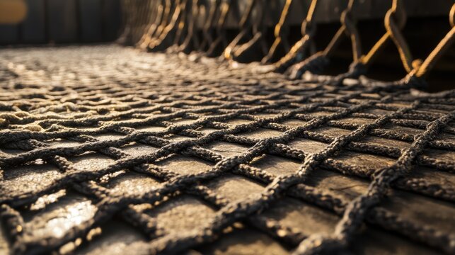 Fishing Net on Pier Surface with Golden Sunlight Casting Shadows Through the Ropes