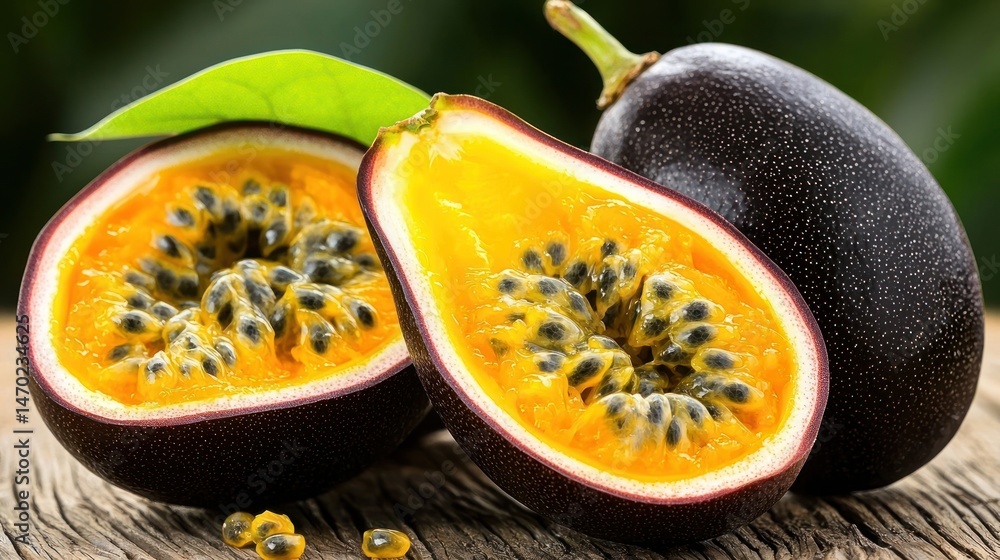 Poster passion fruits sliced open displaying vibrant yellow pulp and seeds