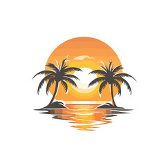 Obraz premium Tropical Sunset Vector Illustration With Palm Trees And Water Reflections In Orange And Yellow Tones Ideal For Summer Vacation