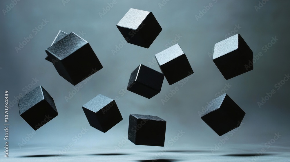 Poster floating dark cubes in a studio environment against a muted gray backdrop showcasing geometric shape