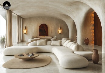 Modern, minimalist living area with curved sofa and neutral tones