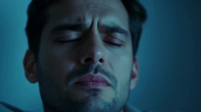 Young man tossing and turning in bed at night with troubled expression. He shifts positions multiple times, squeezing eyes shut as insomnia plagues him under blue nighttime lighting.