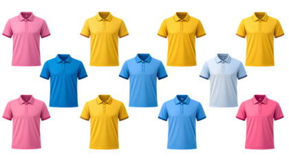 A grid of yellow, blue, and pink polo shirts on a transparent background PNG