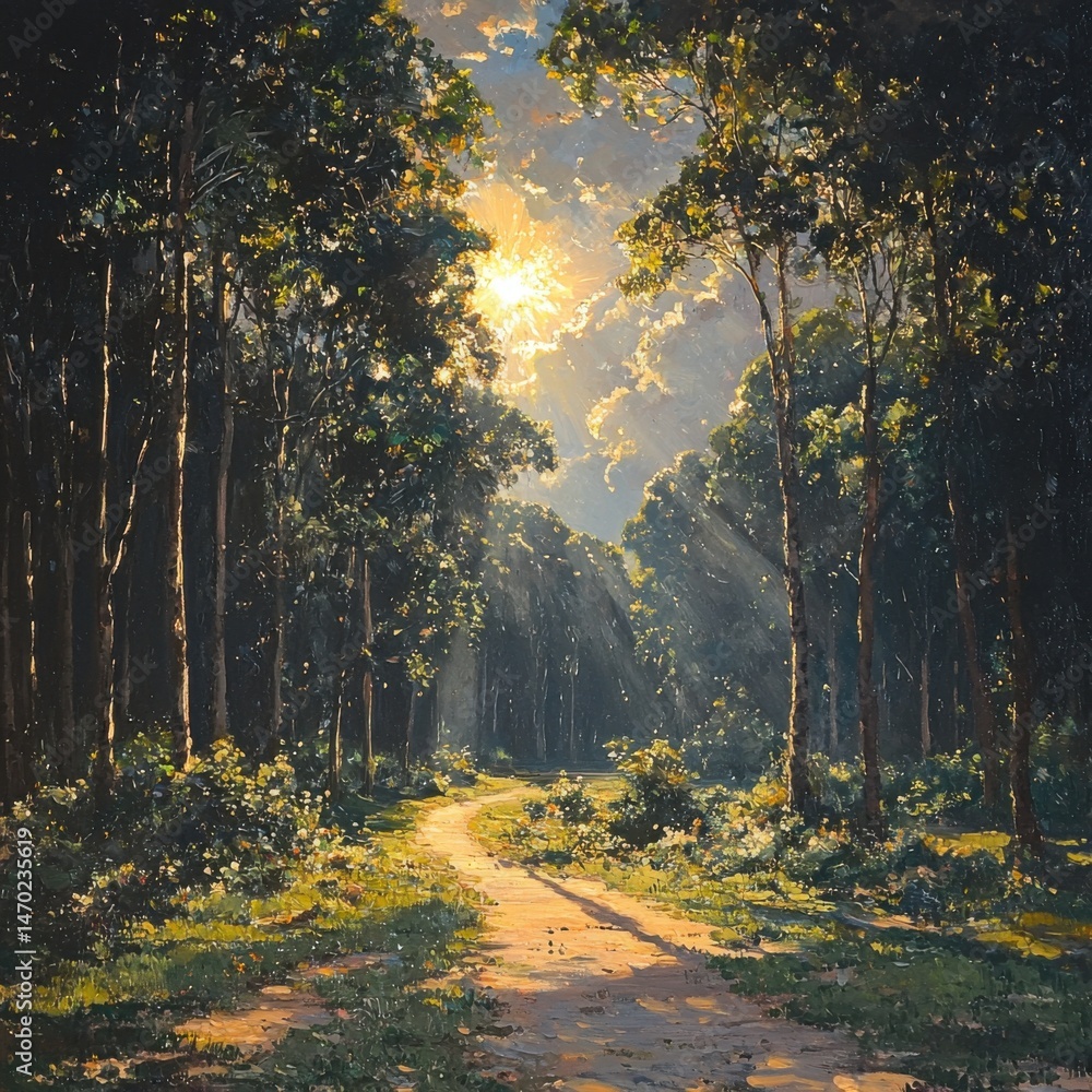 Poster sunlight breaks through the canopy of trees, illuminating a winding dirt path in a peaceful forest. 