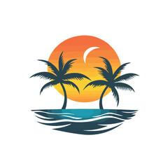 Obraz premium Tropical Sunset Palm Tree Illustration With Ocean Waves And Crescent Moon