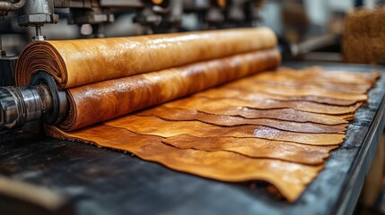 Close up of leather production process with rolling machine and freshly processed leather sheets