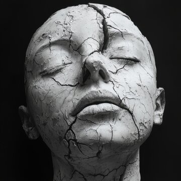A close-up of a striking sculpture featuring a cracked face, symbolizing emotional and physical fragility. The monochromatic tones enhance its artistic expression and depth