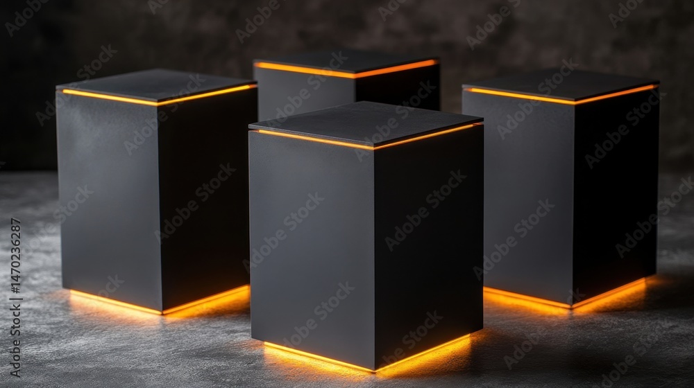 Poster four black illuminated cubes with orange glowing edges are arranged on a textured grey surface. the 