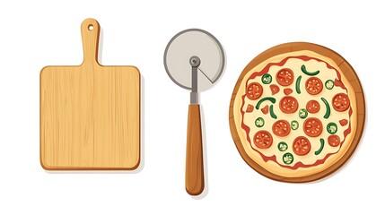 Pizza with Cutter, Board, and Food Prep.