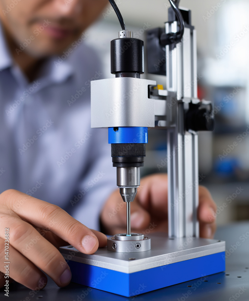 Aufkleber technician operating precision drilling machine in a modern workshop environment