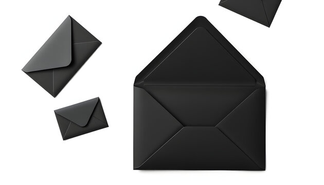 Black announcement envelope set mockup isolated on white background. Format A5, clipart style. White tone