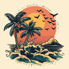 Tropical Island Ocean Landscape With Palm Trees Mountain And Birds In Vintage Style Sunset Background