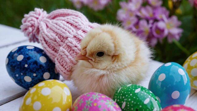 Adorable chick in knitted hat with colorful easter eggs and flowers