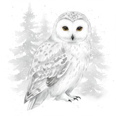 Fototapeta premium White Snowy Owl in Winter Forest Watercolor Painting