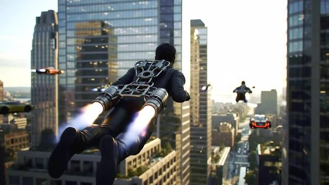 Jetpack Flight Over Futuristic Metropolis