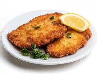 Breaded Fried Cutlet With Lemon Slice and Parsley Garnish on White Plate