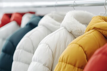 Fototapeta premium A row of colorful winter jackets hangs neatly on a clothing rack in a store.