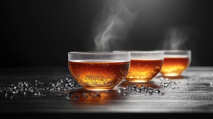 Fototapeta premium Three steaming cups with liquid on a wood surface
