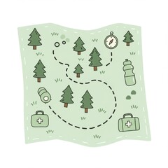 Illustrated Adventure Map with Compass and First Aid Kit